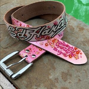 Genuine, vintage Ed Hardy Pink Floral Logo Leather Belt with Silver Buckle L 44”
